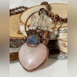 Rose Quartz Heart Necklace with Quartz Points, Kyanite and  on 36” chain